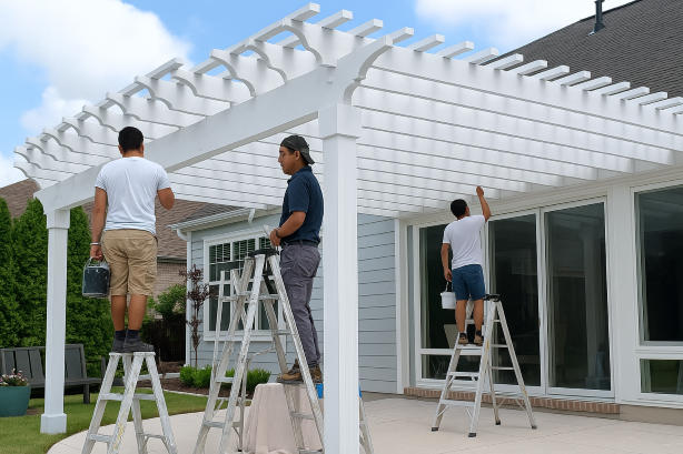 Freshly painted charcoal exterior wall with crisp white trim